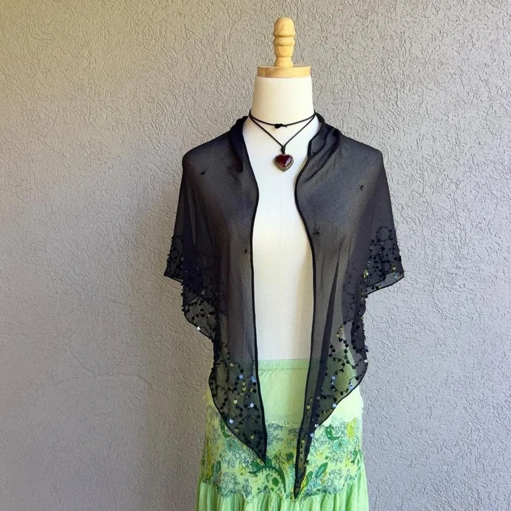 Vintage Black Sequin Shawl Scarf Accessory Whimsigoth